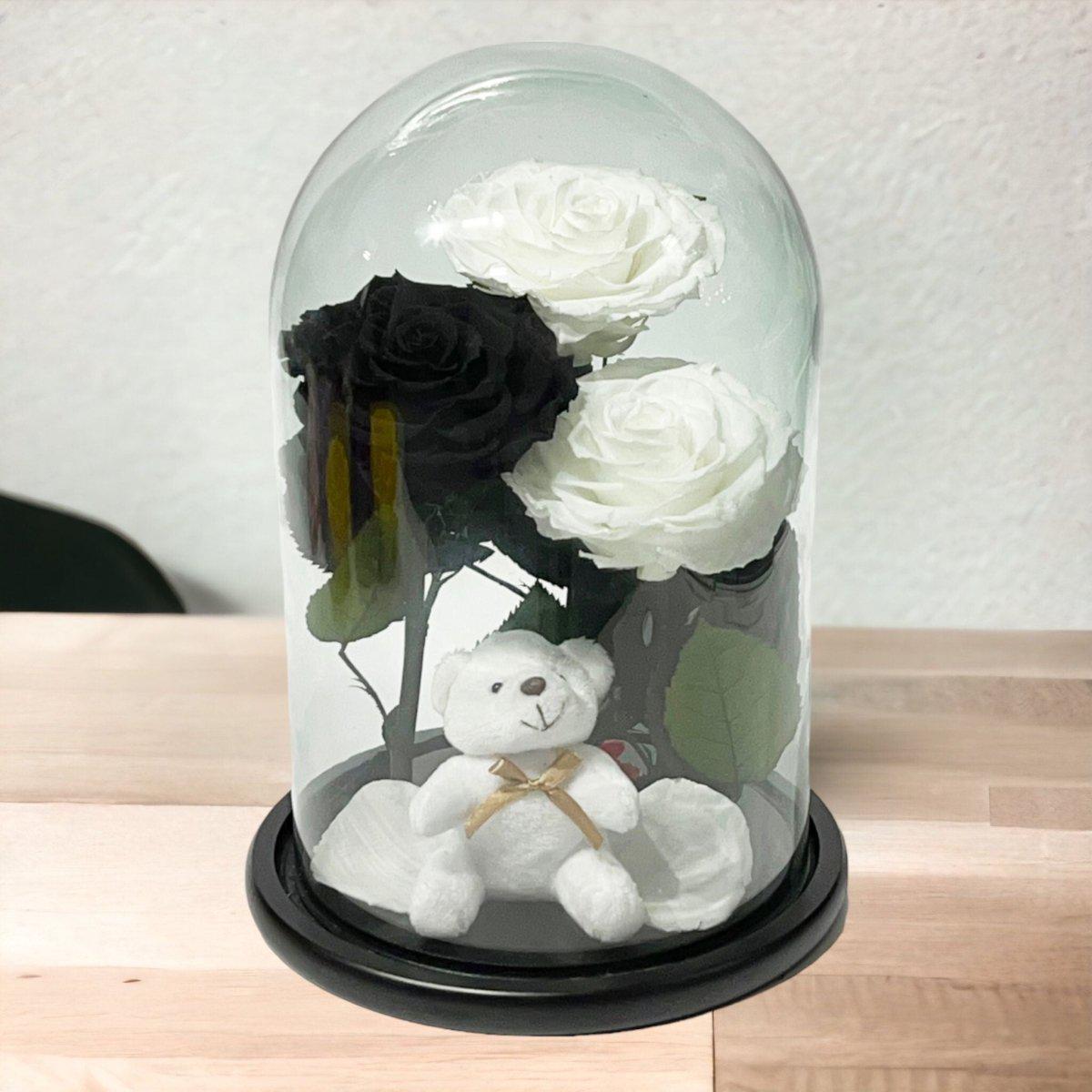 Set De 3 Trandafiri Criogenati In Cupolă De Sticlă Cu Ursuleț Plușat Cadou - Trandafir - Criogenat.ro