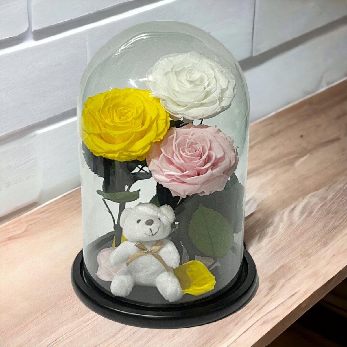 Set de Trandafiri Criogenati Mari Cupolă Sticlă Ursuleț Plush Galben Alb Roz - Trandafir - Criogenat.ro