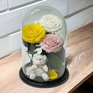 Set de Trandafiri Criogenati Mari Cupolă Sticlă Ursuleț Plush Galben Alb Roz - Trandafir - Criogenat.ro