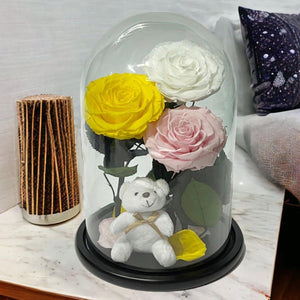 Set de Trandafiri Criogenati Mari Cupolă Sticlă Ursuleț Plush Galben Alb Roz - Trandafir - Criogenat.ro
