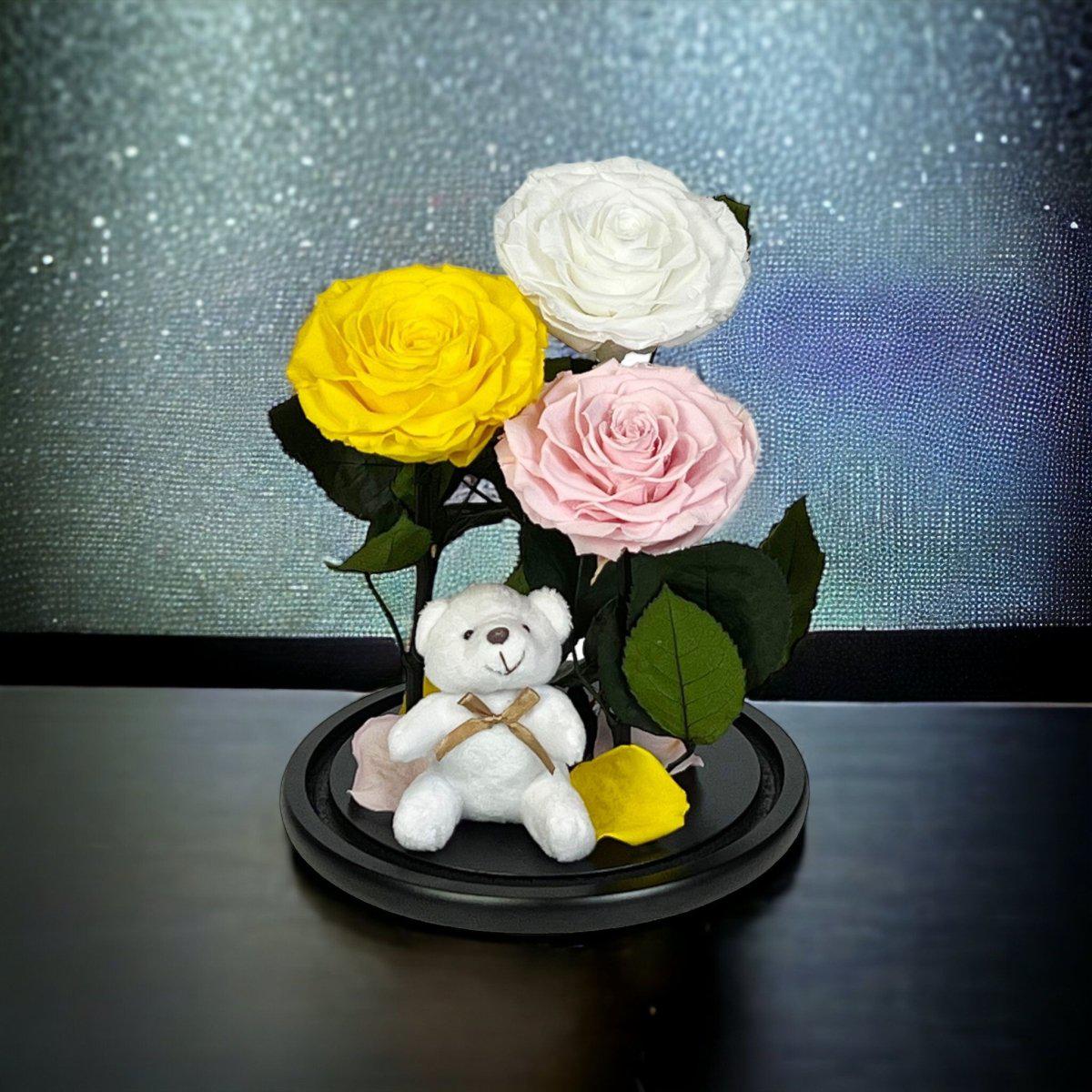 Set de Trandafiri Criogenati Mari Cupolă Sticlă Ursuleț Plush Galben Alb Roz - Trandafir - Criogenat.ro