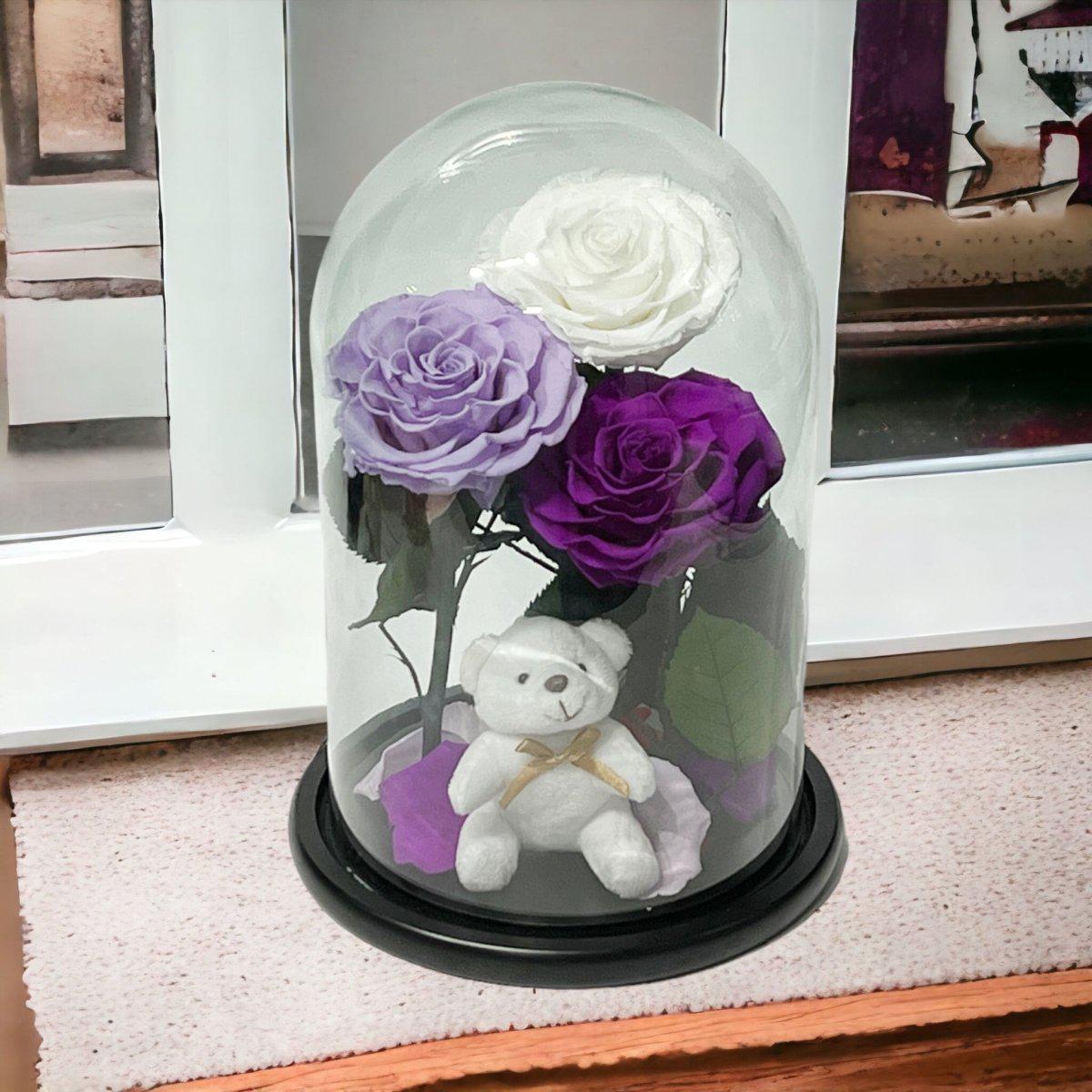 Set Elegant De 3 Trandafiri Criogenati Alb Lila Purpuriu In Cupola De Sticla - Trandafir - Criogenat.ro