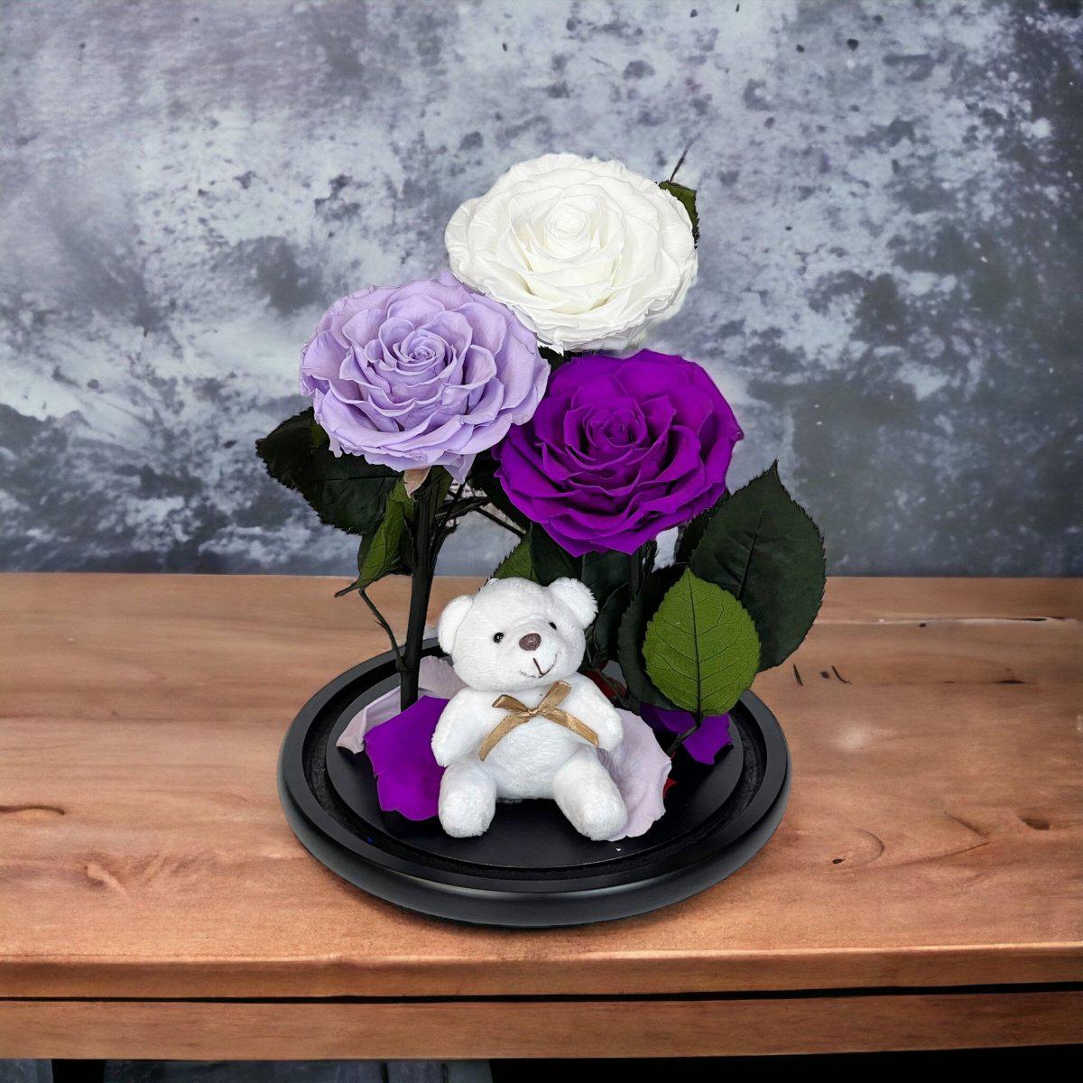 Set Elegant De 3 Trandafiri Criogenati Alb Lila Purpuriu In Cupola De Sticla - Trandafir - Criogenat.ro