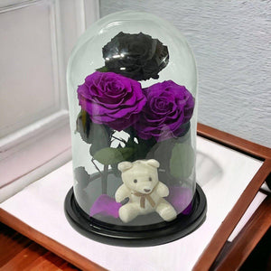 Set Elegant De 3 Trandafiri Criogenati În Cupolă De Sticlă Cu Blat Din Lemn Negru - Trandafir - Criogenat.ro