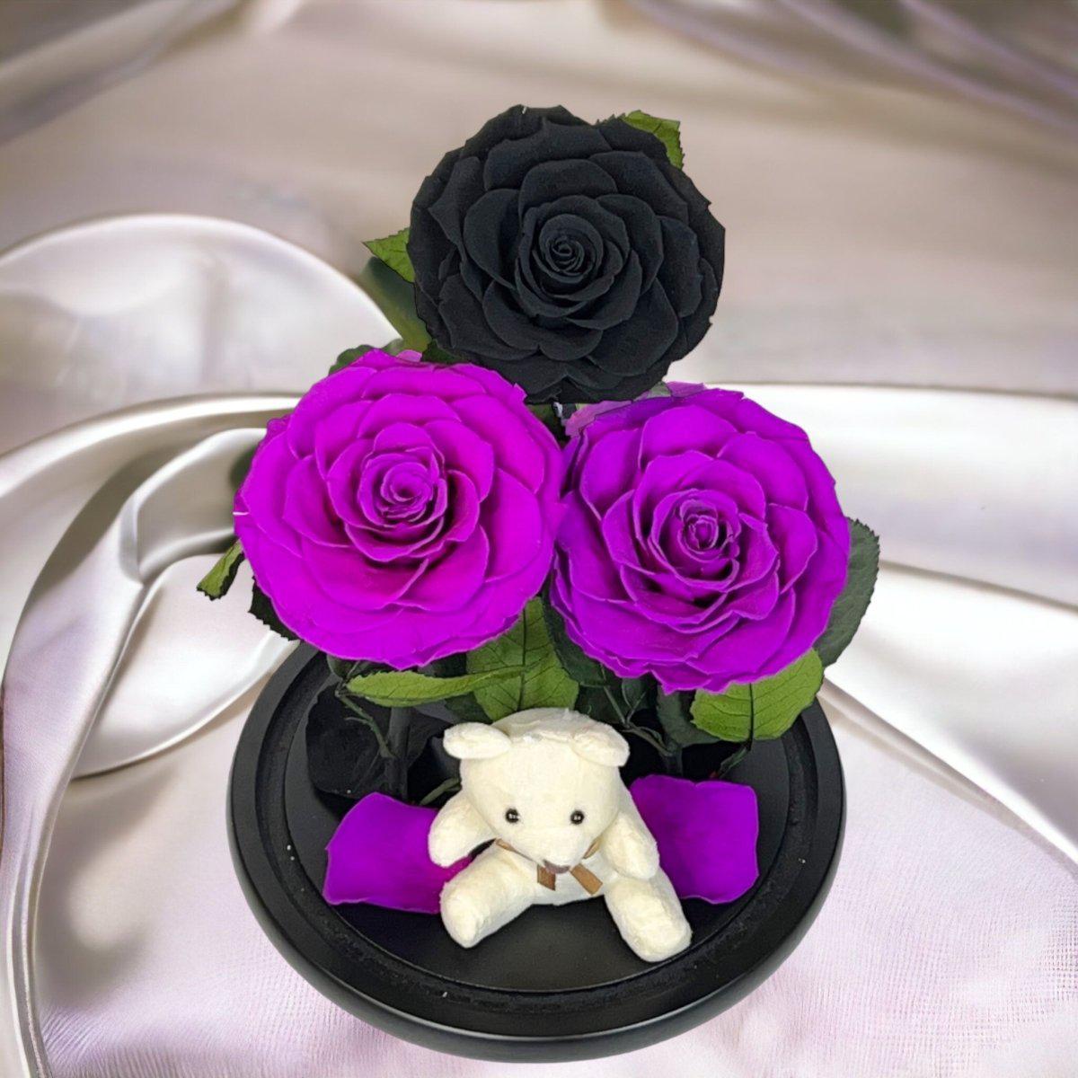 Set Elegant De 3 Trandafiri Criogenati În Cupolă De Sticlă Cu Blat Din Lemn Negru - Trandafir - Criogenat.ro