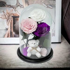 Set Trandafiri Criogenati Mari Alb Roz Purpuriu în Cupolă Elegantă de Sticlă - Trandafir - Criogenat.ro