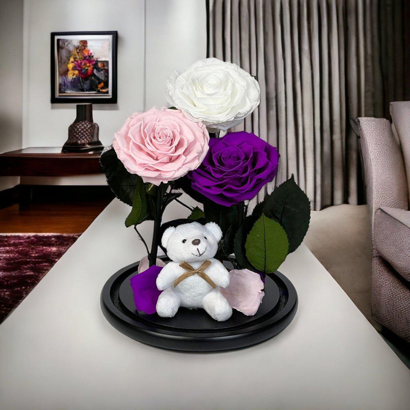 Set Trandafiri Criogenati Mari Alb Roz Purpuriu în Cupolă Elegantă de Sticlă - Trandafir - Criogenat.ro