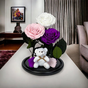 Set Trandafiri Criogenati Mari Alb Roz Purpuriu în Cupolă Elegantă de Sticlă - Trandafir - Criogenat.ro