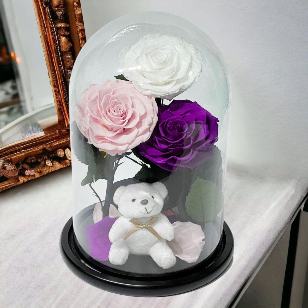 Set Trandafiri Criogenati Mari Alb Roz Purpuriu în Cupolă Elegantă de Sticlă - Trandafir - Criogenat.ro