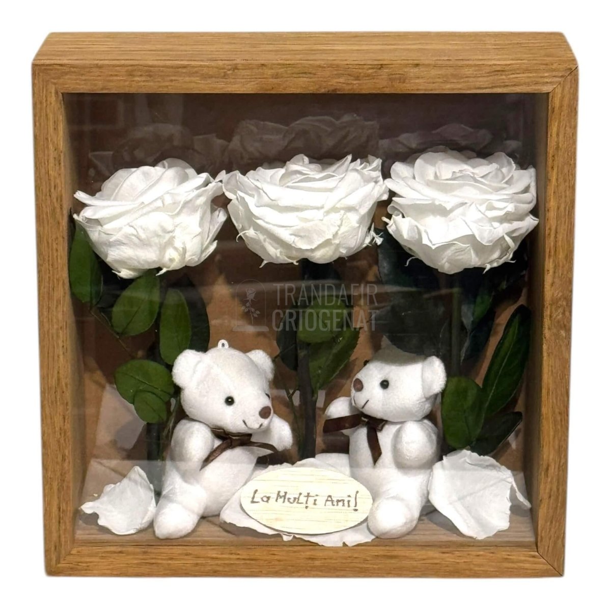 Tablou Cadou Cu 3 Trandafiri Criogenați Albi, Mesaj Personalizat Și Ursuleți De Pluș, Simbol Al Purității Și Afecțiunii - Trandafir - Criogenat.ro