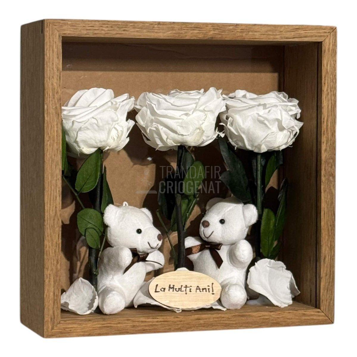 Tablou Cadou Cu 3 Trandafiri Criogenați Albi, Mesaj Personalizat Și Ursuleți De Pluș, Simbol Al Purității Și Afecțiunii - Trandafir - Criogenat.ro