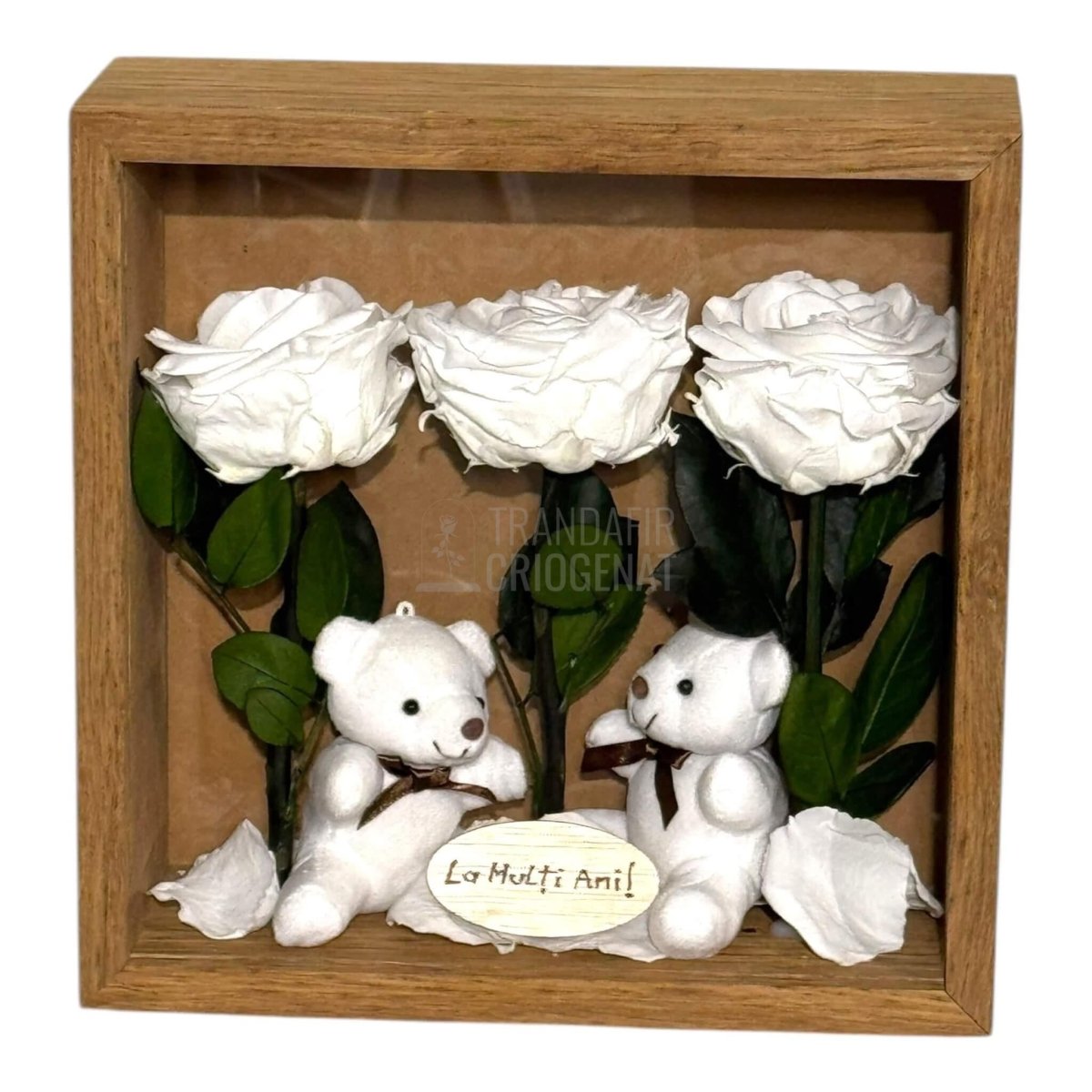 Tablou Cadou Cu 3 Trandafiri Criogenați Albi, Mesaj Personalizat Și Ursuleți De Pluș, Simbol Al Purității Și Afecțiunii - Trandafir - Criogenat.ro