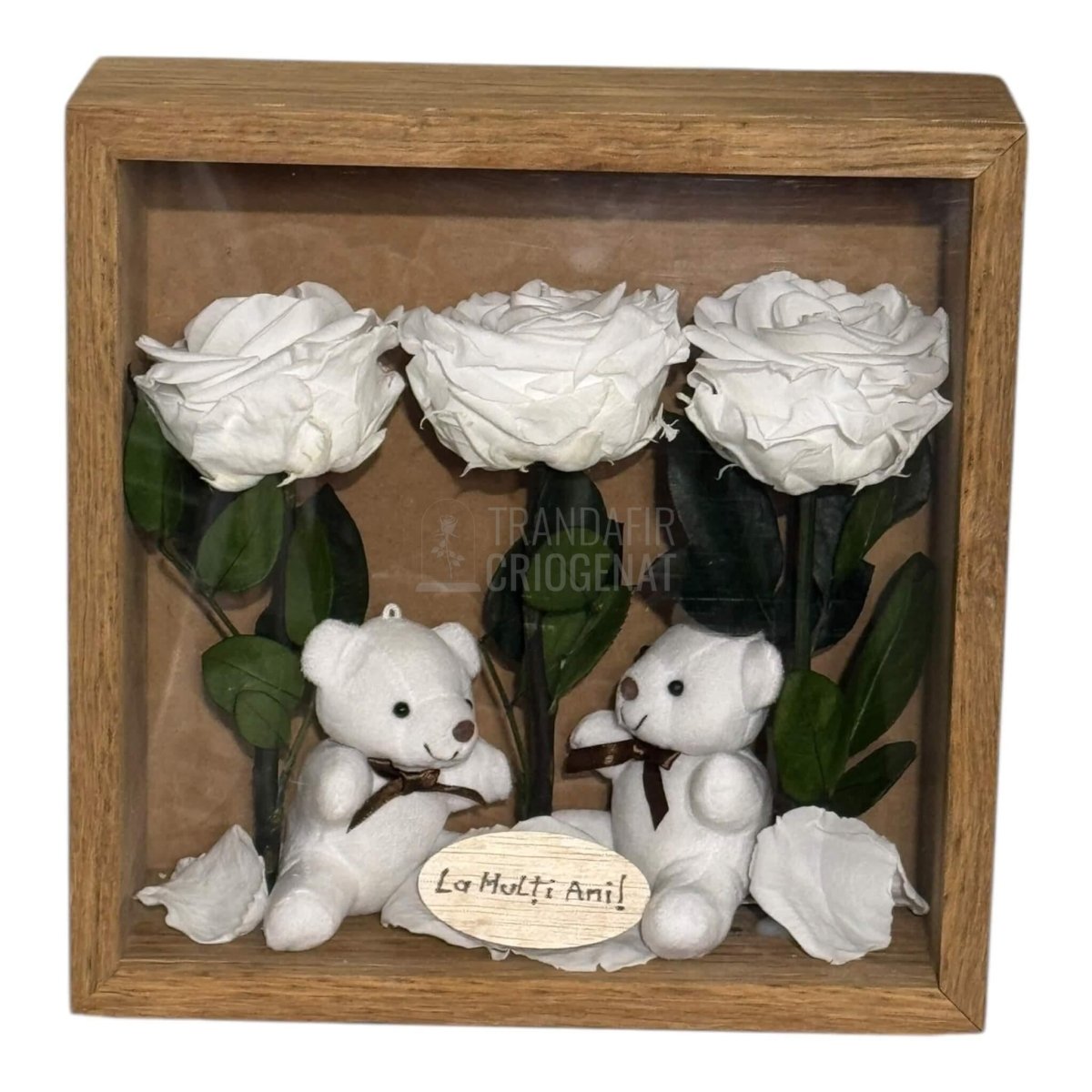 Tablou Cadou Cu 3 Trandafiri Criogenați Albi, Mesaj Personalizat Și Ursuleți De Pluș, Simbol Al Purității Și Afecțiunii - Trandafir - Criogenat.ro
