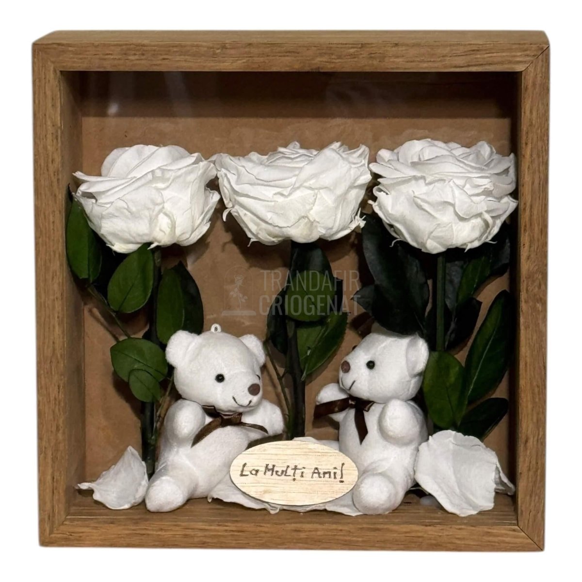 Tablou Cadou Cu 3 Trandafiri Criogenați Albi, Mesaj Personalizat Și Ursuleți De Pluș, Simbol Al Purității Și Afecțiunii - Trandafir - Criogenat.ro