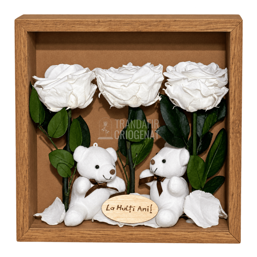 Tablou cu 3 trandafiri criogenați albi 27 × 27 cm, cu 2 ursuleți - Trandafir-Criogenat.ro