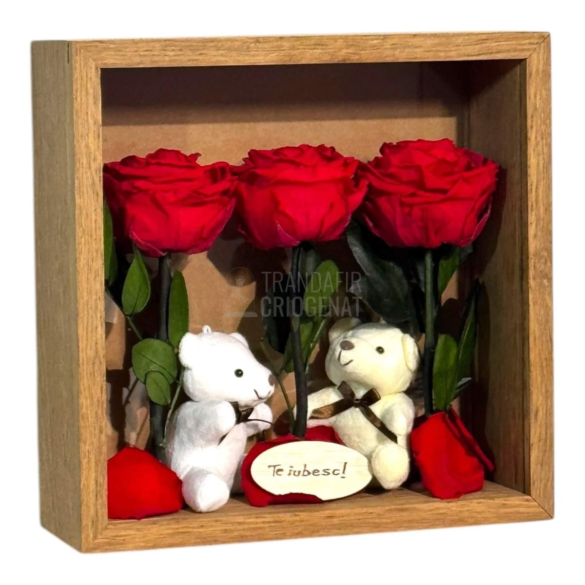 Tablou Elegant Cu Trandafiri Criogenați Roșii Și Urși De Plus Cadou Emoțional Pentru Iubire Dimensiuni 27x27 Cm - Trandafir - Criogenat.ro