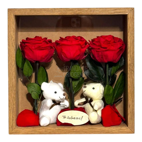 Tablou Elegant Cu Trandafiri Criogenați Roșii Și Urși De Plus Cadou Emoțional Pentru Iubire Dimensiuni 27x27 Cm - Trandafir - Criogenat.ro