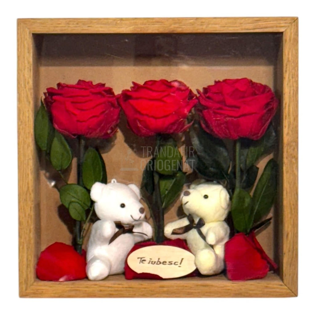 Tablou Elegant Cu Trandafiri Criogenați Roșii Și Urși De Plus Cadou Emoțional Pentru Iubire Dimensiuni 27x27 Cm - Trandafir - Criogenat.ro