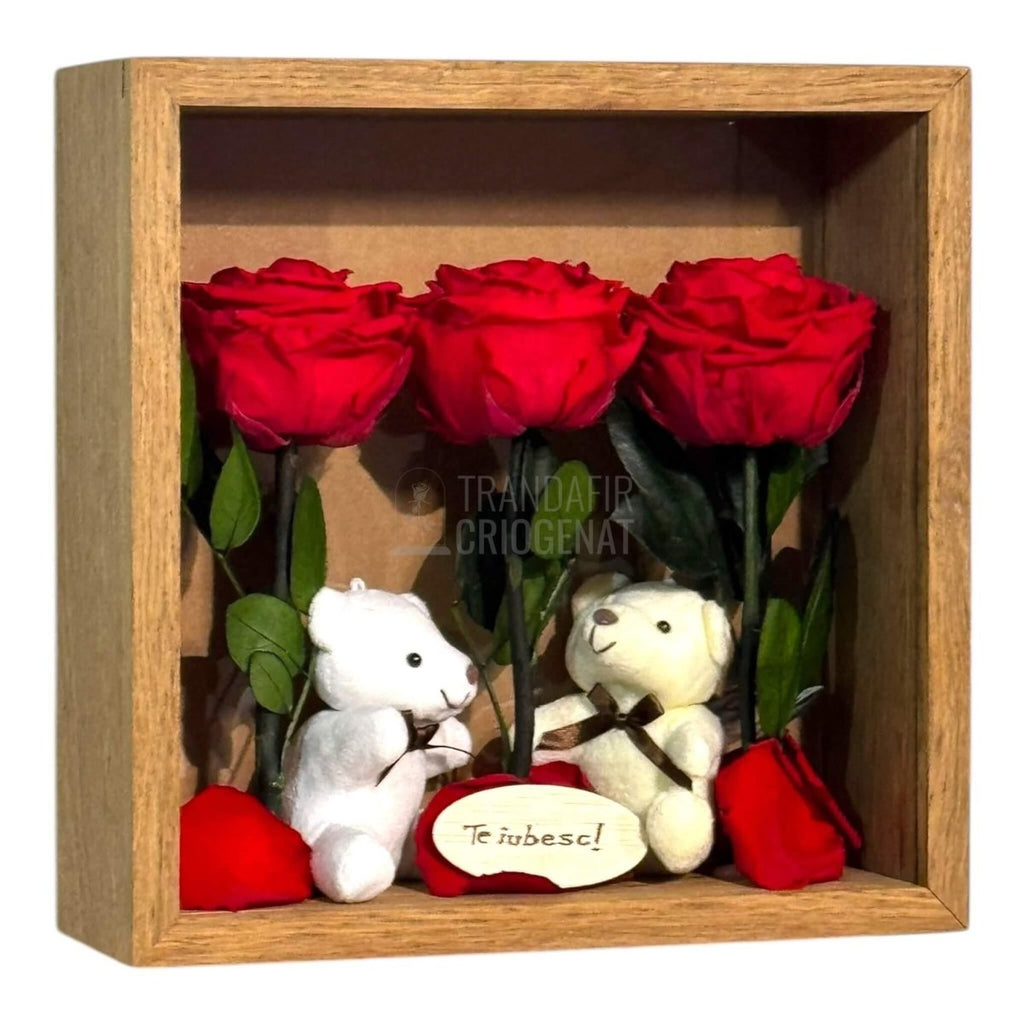 Tablou Elegant Cu Trandafiri Criogenați Roșii Și Urși De Plus Cadou Emoțional Pentru Iubire Dimensiuni 27x27 Cm - Trandafir - Criogenat.ro