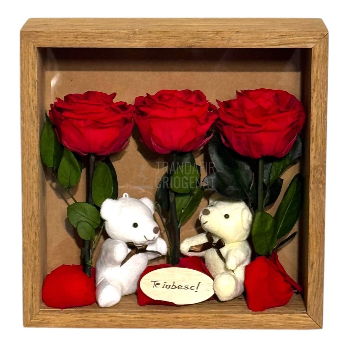 Tablou Elegant Cu Trandafiri Criogenați Roșii Și Urși De Plus Cadou Emoțional Pentru Iubire Dimensiuni 27x27 Cm - Trandafir - Criogenat.ro