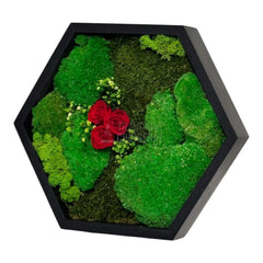 Tablou Hexagonal Cu Mușchi Licheni Și 3 Trandafiri Criogenați Roșii În Ramă Premium 35 cm - Trandafir - Criogenat.ro