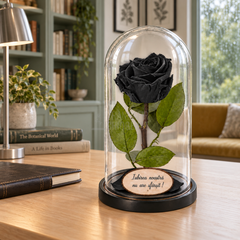 Trandafir criogenat Premium negru în cupolă de sticlă 12 × 25 cm — simplu — cu mesaj — produsul în decor