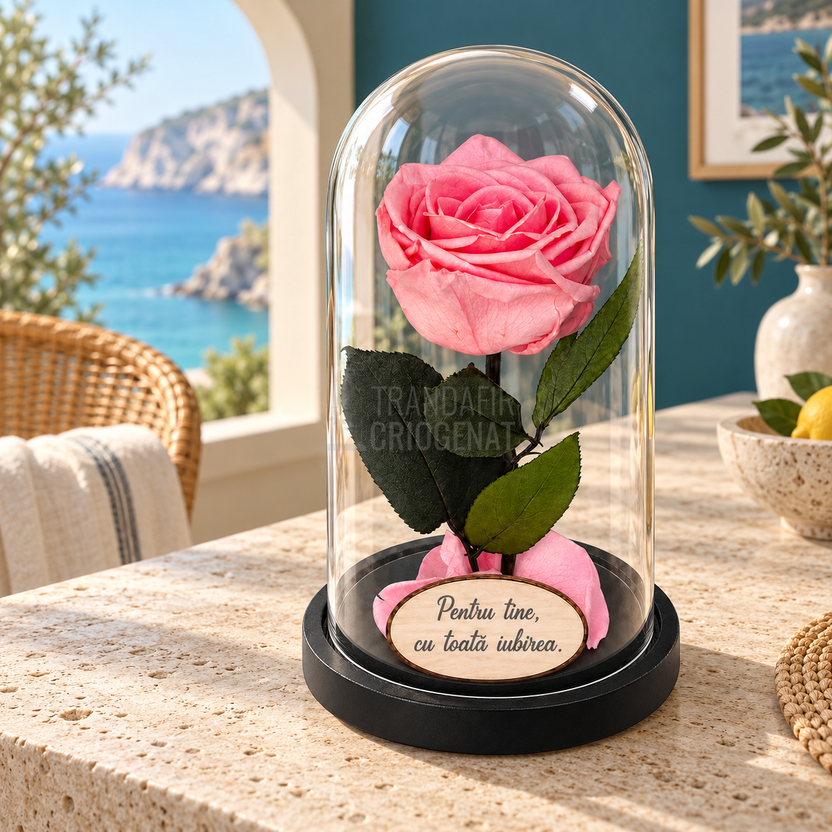 Trandafir criogenat Premium roz pastel în cupolă de sticlă 12 × 25 cm — simplu — cu mesaj — produsul în decor