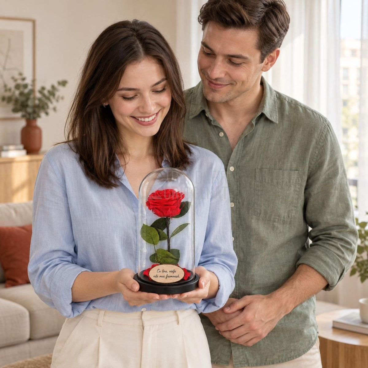Trandafir criogenat Premium roșu în cupolă de sticlă 12 × 25 cm — simplu — cu mesaj — momentul oferirii cadoului