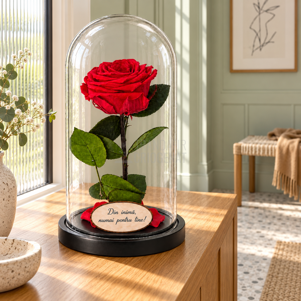 Trandafir criogenat Premium roșu în cupolă de sticlă 12 × 25 cm — simplu — cu mesaj — produsul în decor