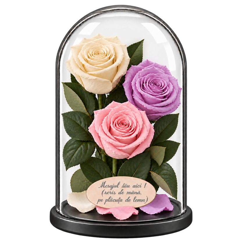 3 trandafiri criogenați XL (1 alb, 1 lila și 1 roz pal) în cupolă de sticlă 15 × 25 cm