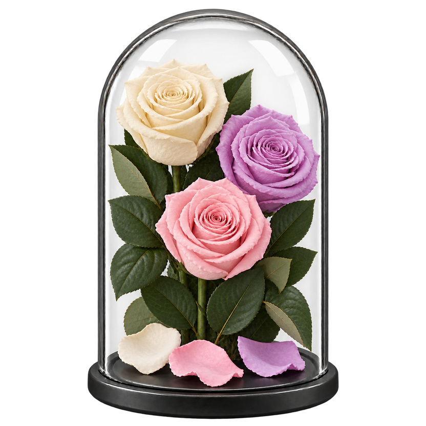 3 trandafiri criogenați XL (1 alb, 1 lila și 1 roz pal) în cupolă de sticlă 15 × 25 cm