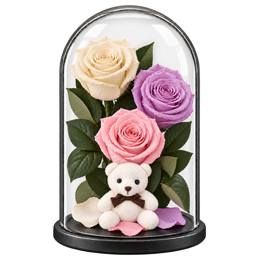 3 trandafiri criogenați XL (1 alb, 1 lila și 1 roz pal) în cupolă de sticlă 15 × 25 cm