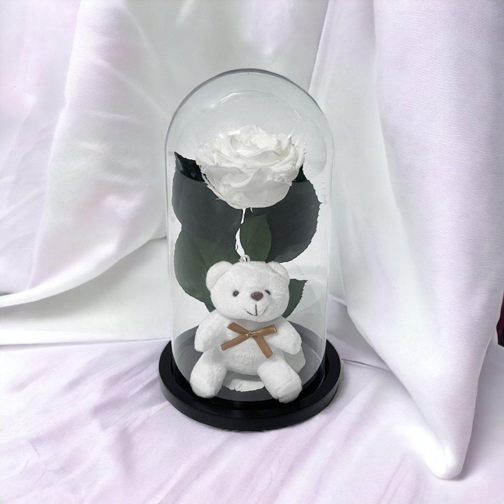 Trandafir Criogenat Alb De Lux 8cm Cu Ursulet In Cupola De Sticla Premium - Trandafir - Criogenat.ro
