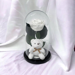 Trandafir Criogenat Alb De Lux 8cm Cu Ursulet In Cupola De Sticla Premium - Trandafir - Criogenat.ro