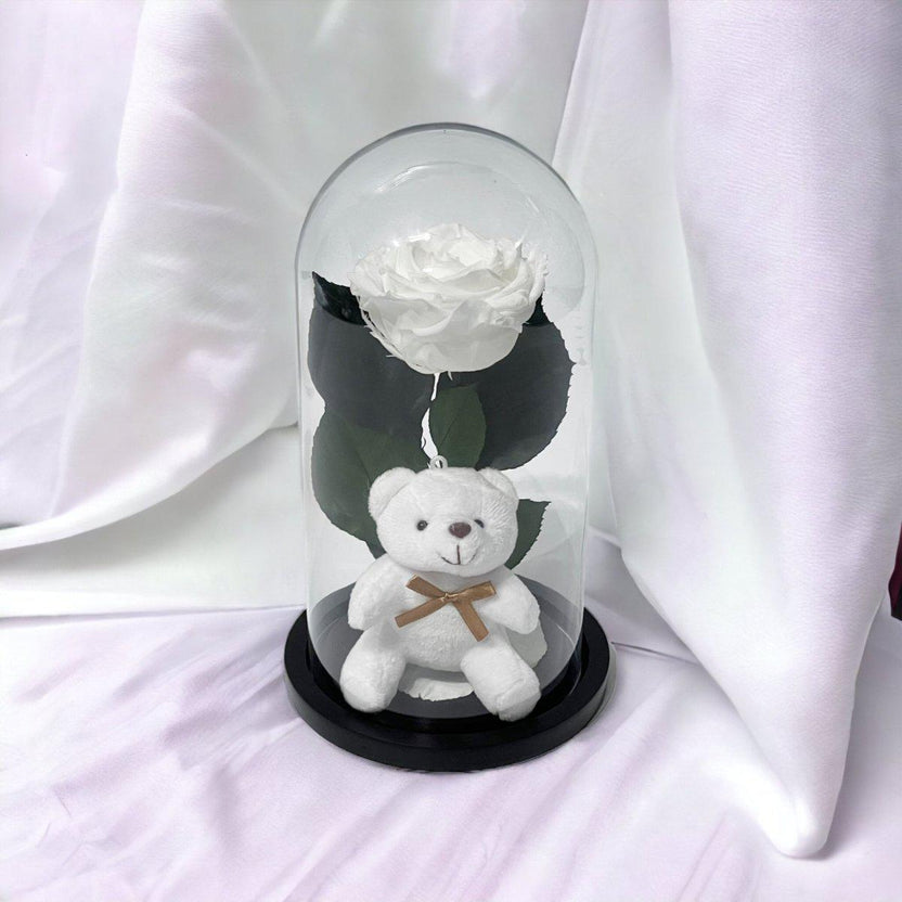 Trandafir Criogenat Alb De Lux 8cm Cu Ursulet In Cupola De Sticla Premium - Trandafir - Criogenat.ro