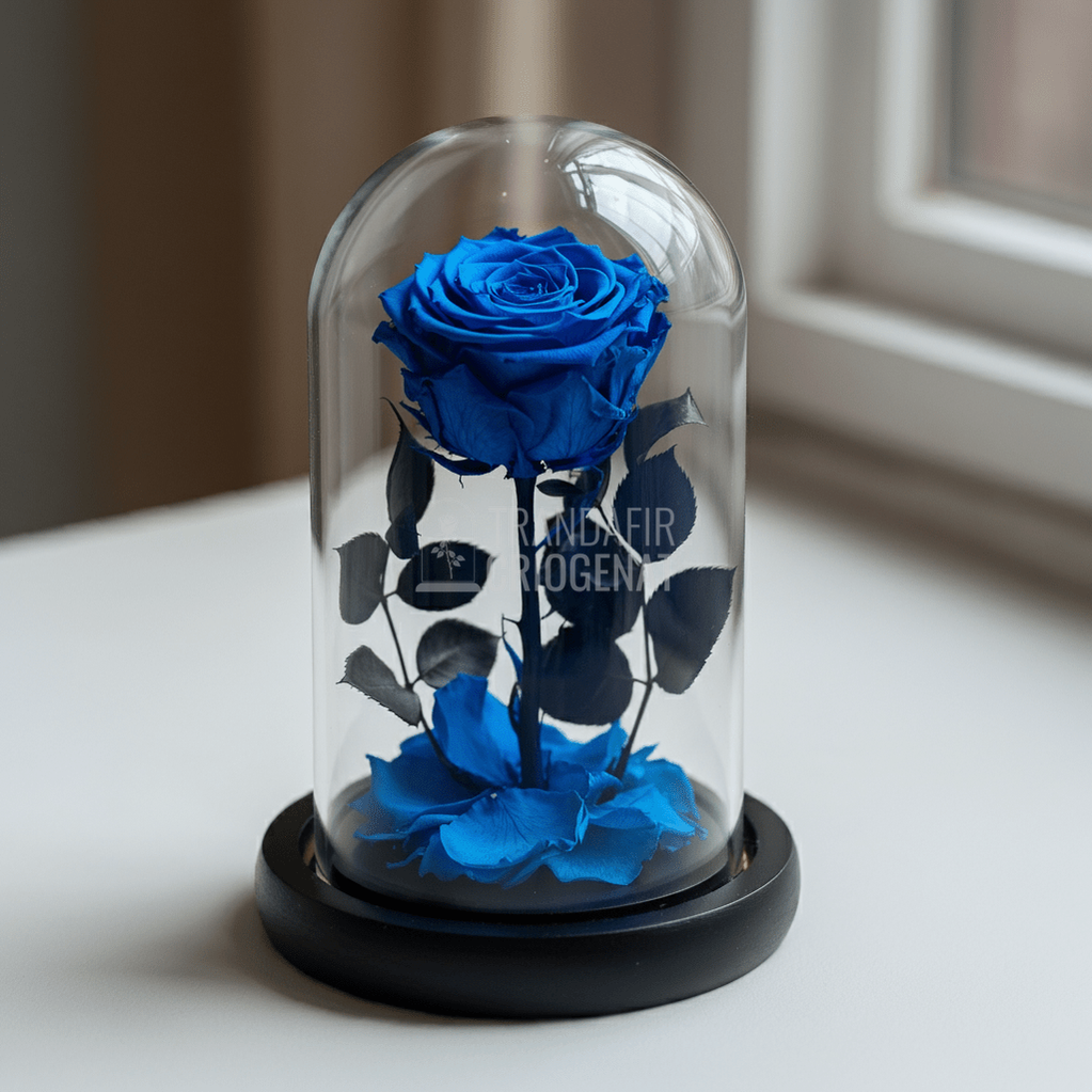 Trandafir Criogenat albastru in cupola de sticla, cu mesaj personalizat - Trandafir - Criogenat.ro