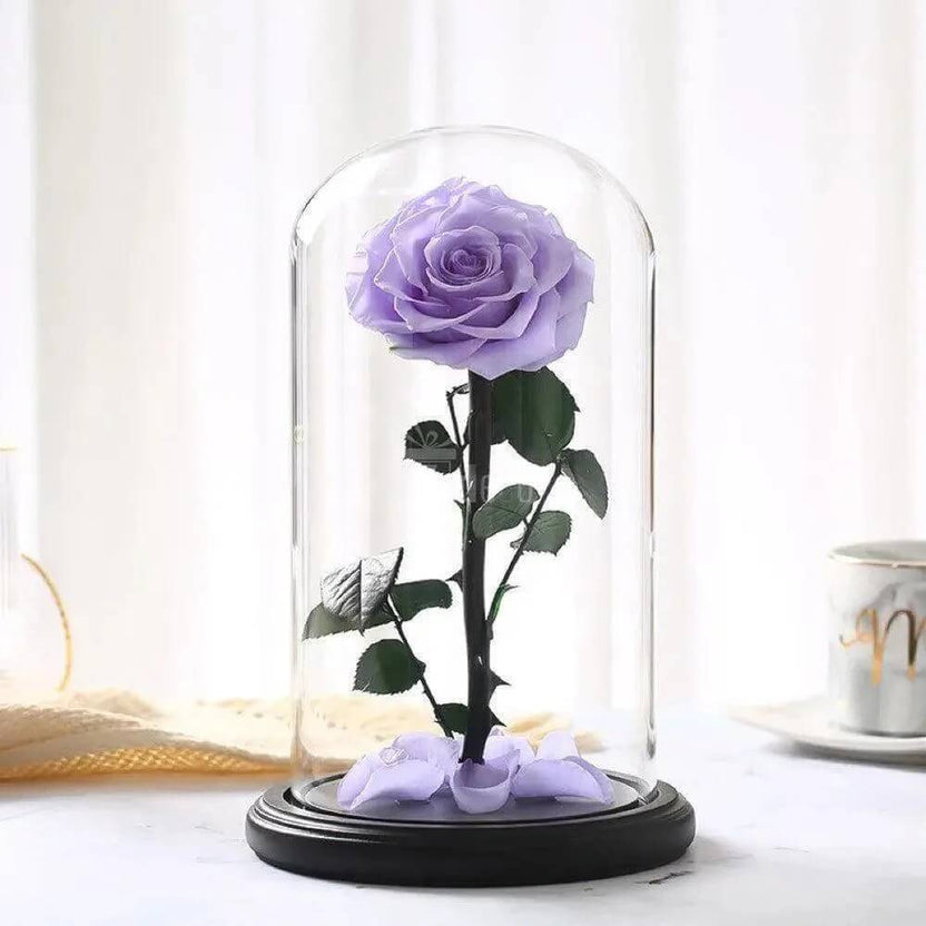 Trandafir Criogenat Bella Lila Diametru 8 Cm În Cupolă De Sticlă Elegantă 12x25 - Trandafir - Criogenat.ro