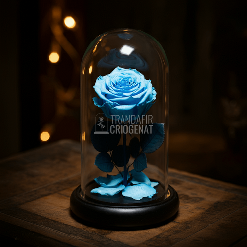Trandafir Criogenat bleu in cupola de sticla 12x25cm, cu mesaj scris - Trandafir - Criogenat.ro