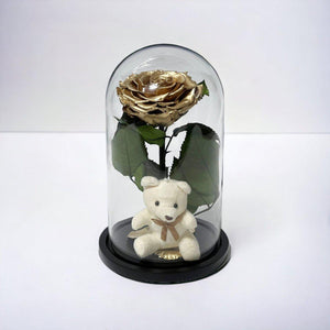 Trandafir Criogenat Bonita Auriu Cu Cupolă De Sticlă Și Ursuleț De Plus 9 9,5 Cm - Trandafir - Criogenat.ro