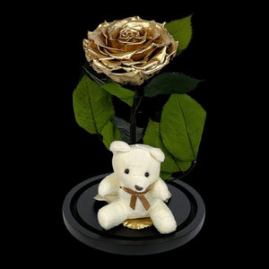 Trandafir Criogenat Bonita Auriu Cu Cupolă De Sticlă Și Ursuleț De Plus 9 9,5 Cm - Trandafir - Criogenat.ro