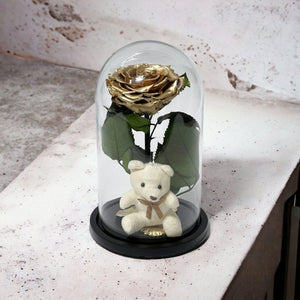 Trandafir Criogenat Bonita Auriu Cu Cupolă De Sticlă Și Ursuleț De Plus 9 9,5 Cm - Trandafir - Criogenat.ro