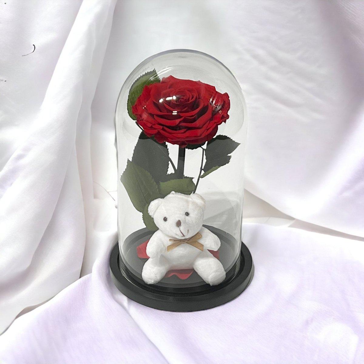 Trandafir Criogenat Bonita Rosu In Cupola Eleganta Cu Ursulet Plush Cadou Ideal - Trandafir - Criogenat.ro