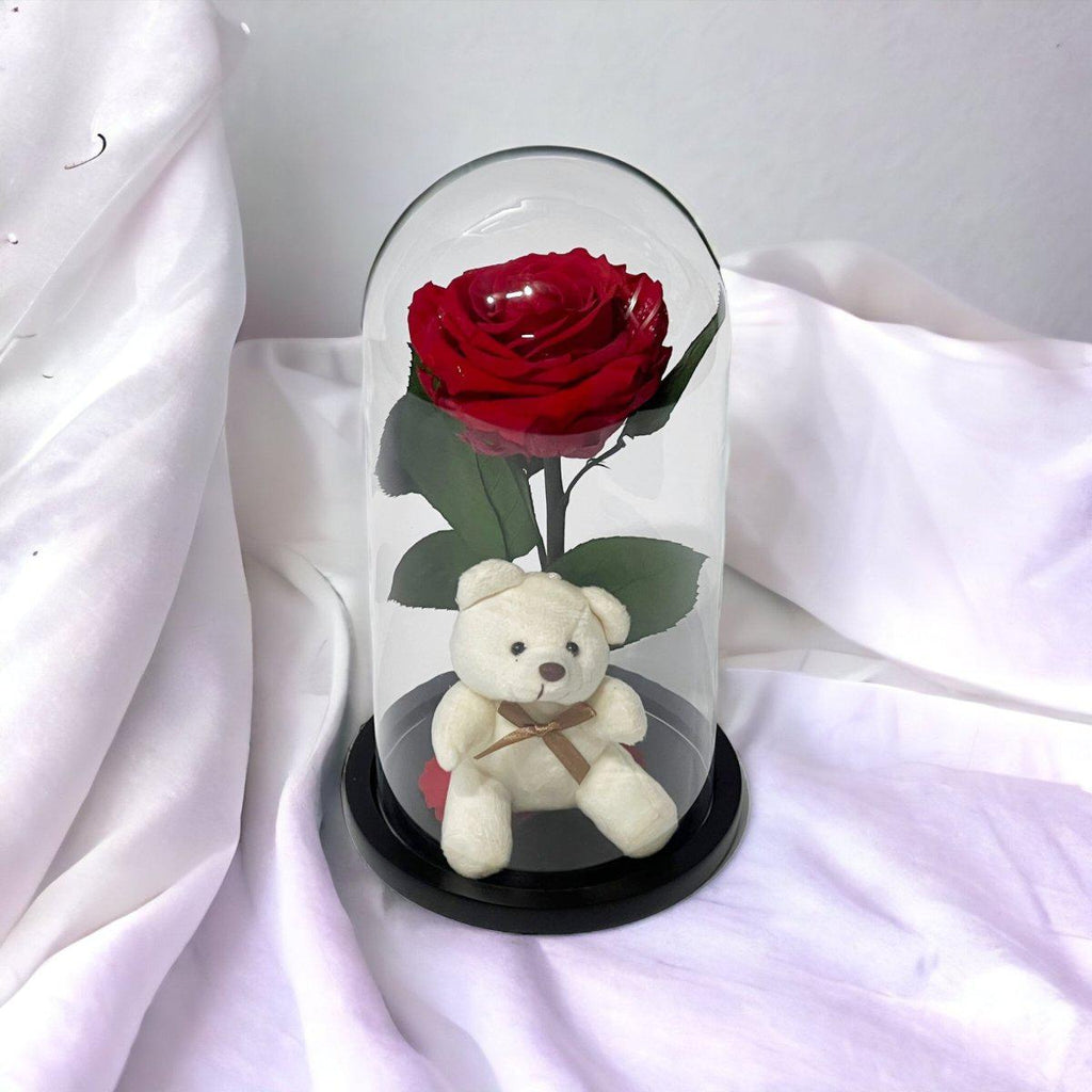 Trandafir Criogenat Elegant Cu Ursulet În Cupola De Sticla 8 Cm Cadou Iubire - Trandafir - Criogenat.ro