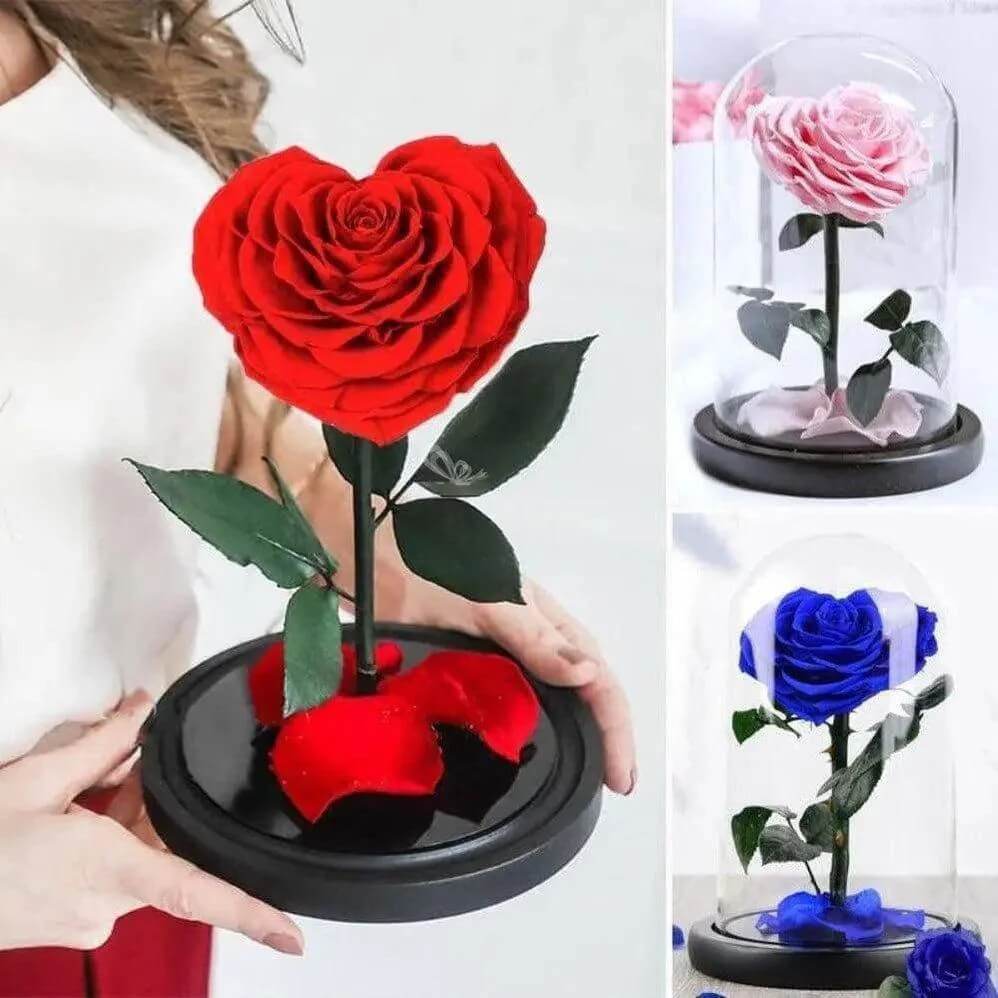 Trandafir Criogenat Inimă Roșie 9cm Diametru Sub Cupolă De Sticlă 15x25cm Cadou - Trandafir - Criogenat.ro