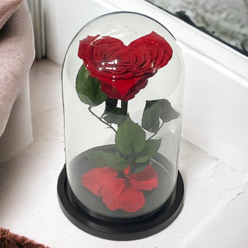 Trandafir Criogenat Inima Rosie Cu Cupolă De Sticlă 15x25cm Cadou Etern Iubire - Trandafir - Criogenat.ro