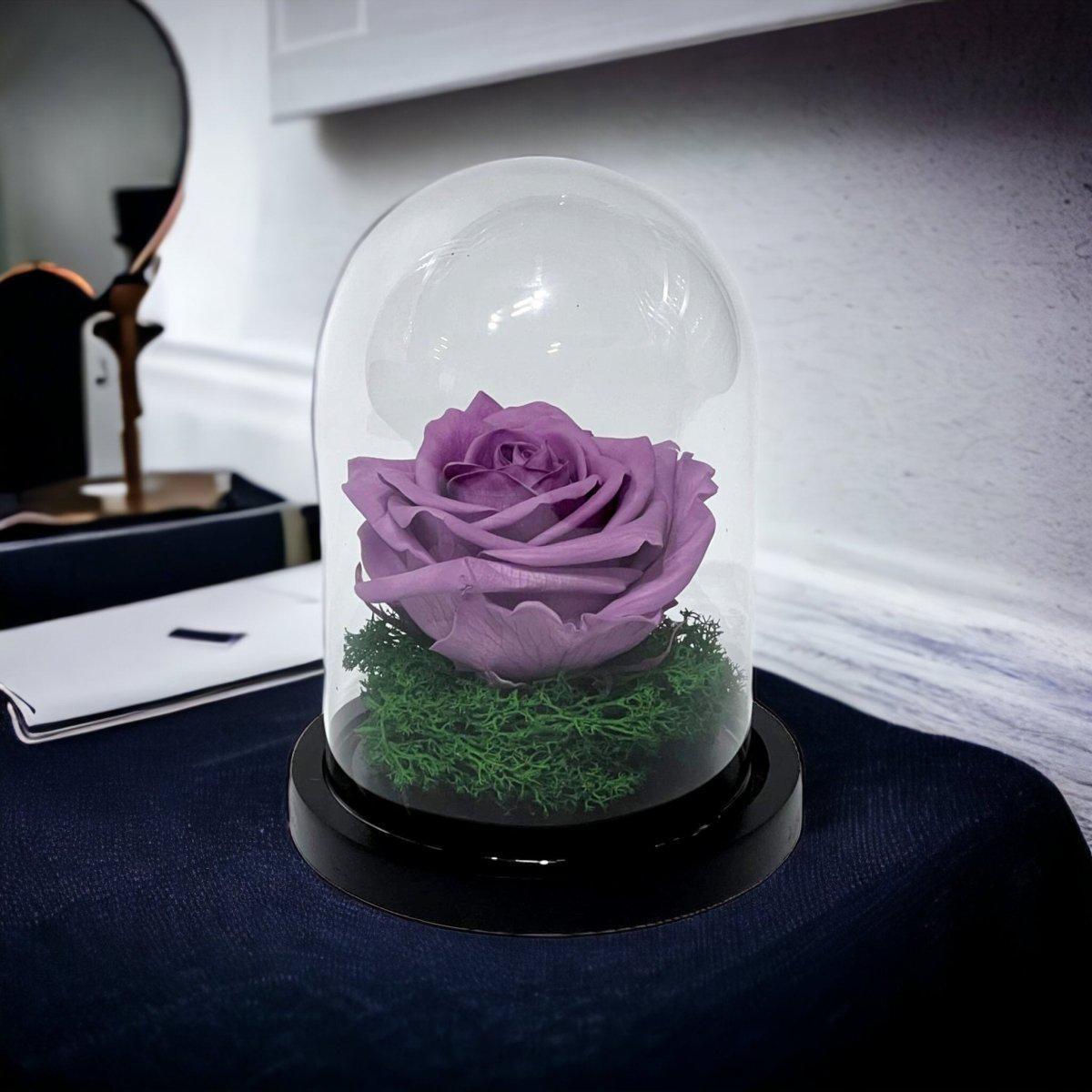 Trandafir Criogenat Lila de Lux în Cupolă de Sticlă 8cm Personalizat Cu Mesaj - Trandafir - Criogenat.ro
