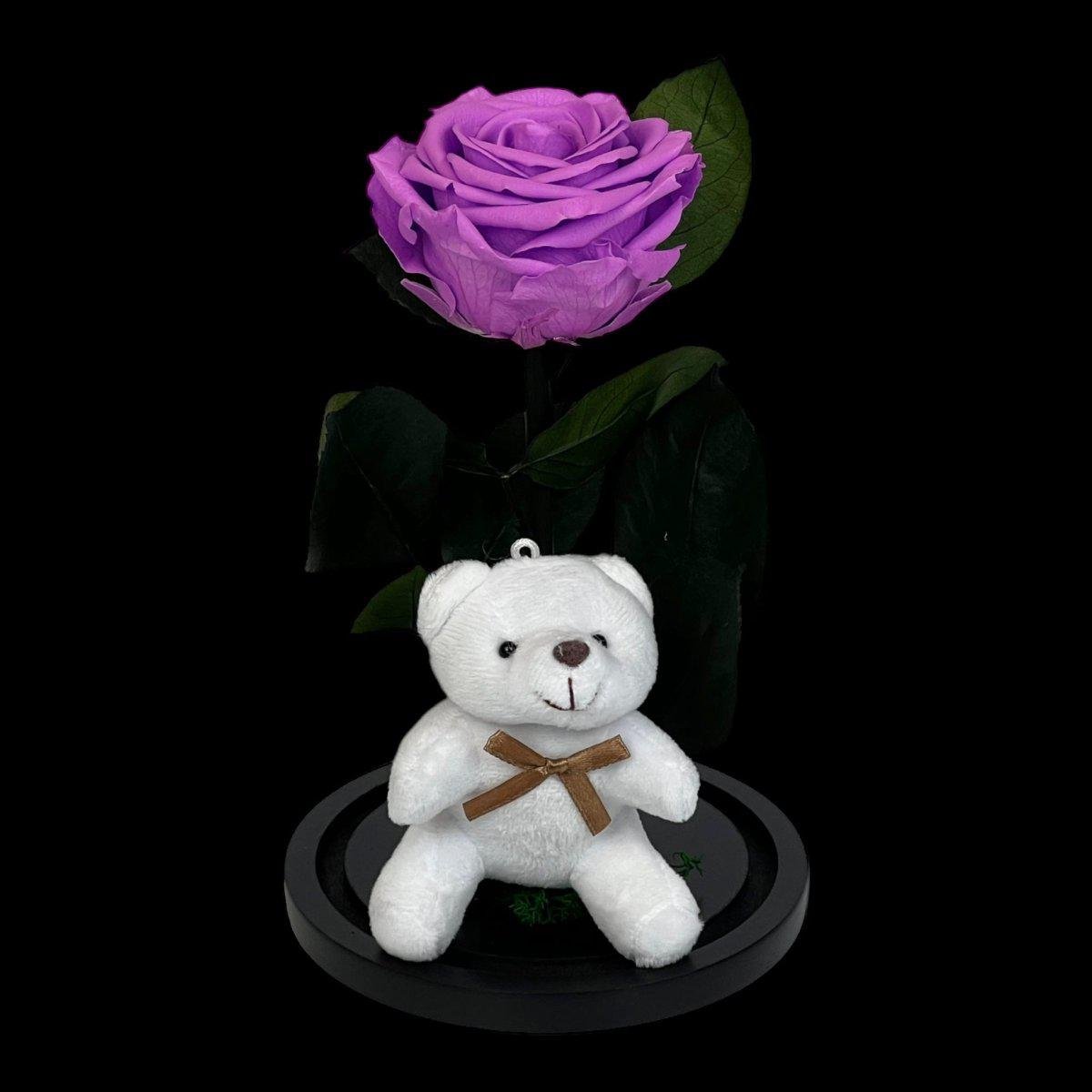 Trandafir Criogenat Lila Intens Cu Ursulet In Cupola De Sticla 8cm Cadou - Trandafir - Criogenat.ro