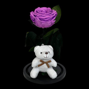 Trandafir Criogenat Lila Intens Cu Ursulet In Cupola De Sticla 8cm Cadou - Trandafir - Criogenat.ro