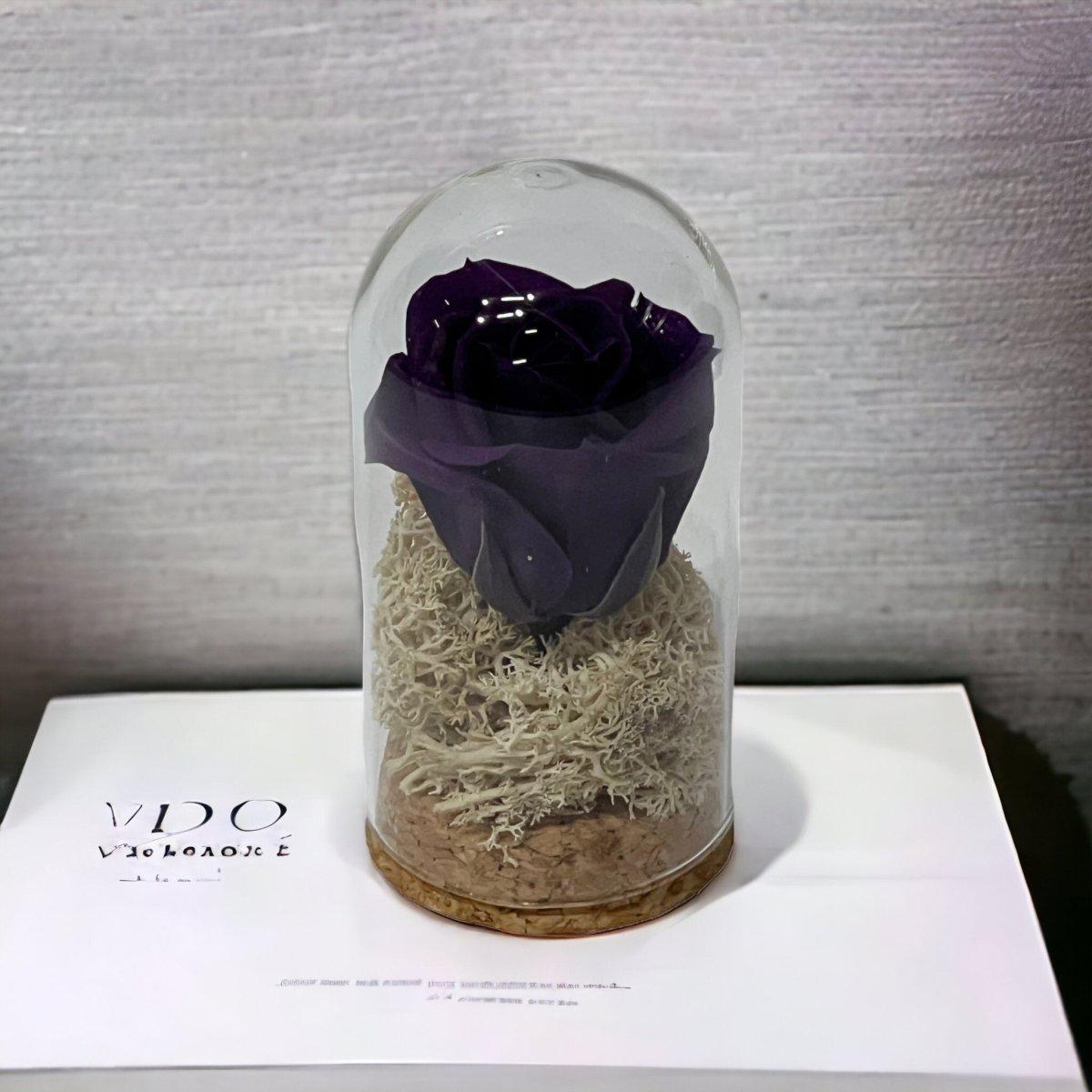 Trandafir Criogenat Mov În Cupolă De Sticlă 5x9,5 Cm Cadou Elegant Evenimente - Trandafir - Criogenat.ro