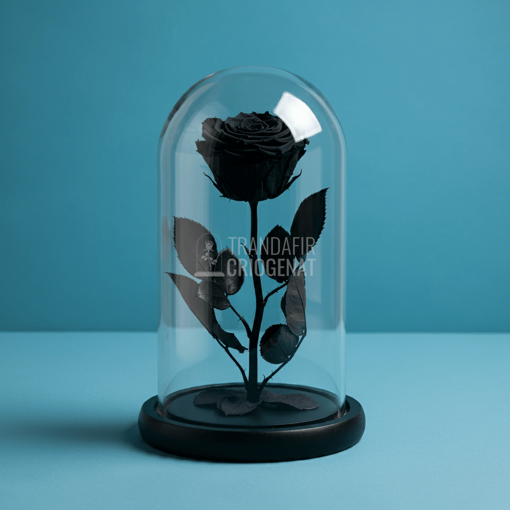 Trandafir Criogenat negru Premium in cupola de sticla, cu mesaj personalizat - Trandafir - Criogenat.ro